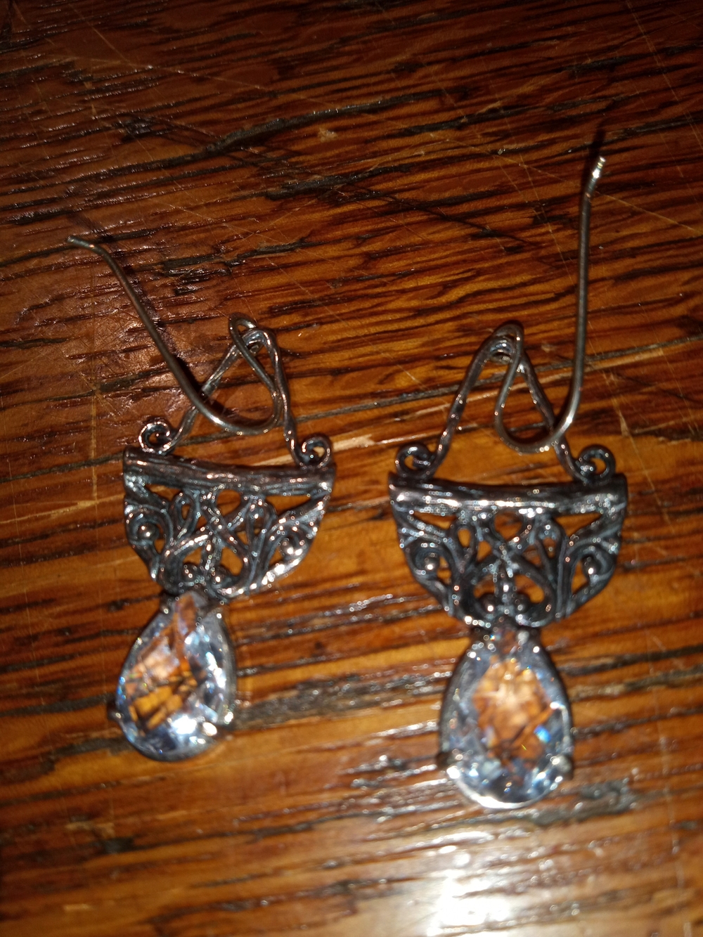 Opulenza Sterling Silver Filigree Drop Earrings with Clear Teardrop Stones